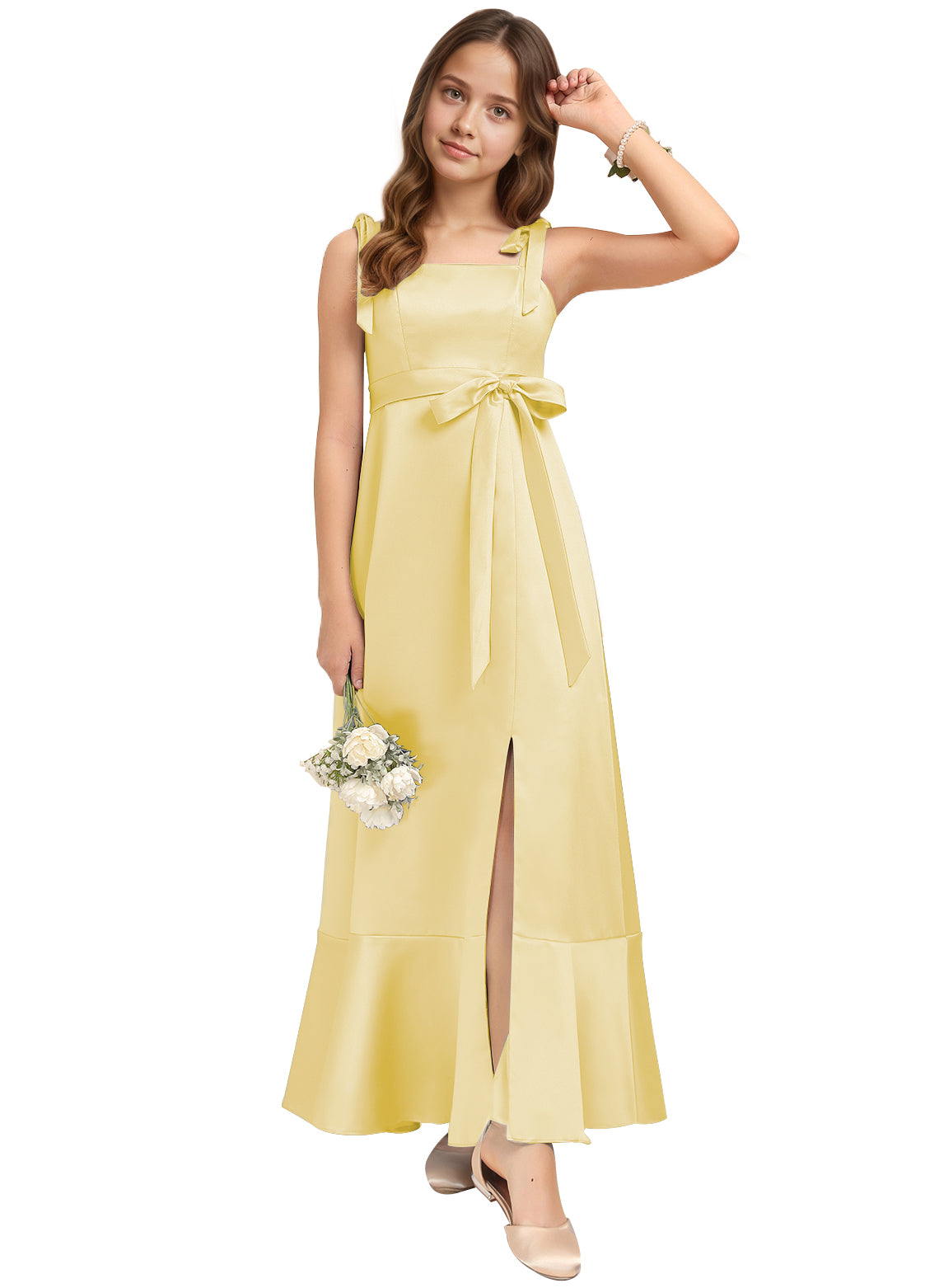 dideyttawl Junior Bridesmaid Dresses for Teens Silk Satin Adjustable Straps Flower Girl Dress with Slit 2529