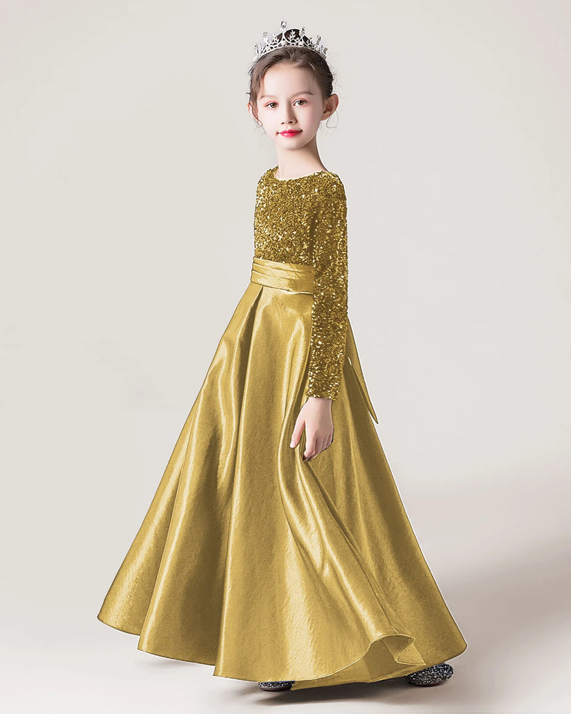 Gold Sequin Satin A-line Girls Formal Dress Side View