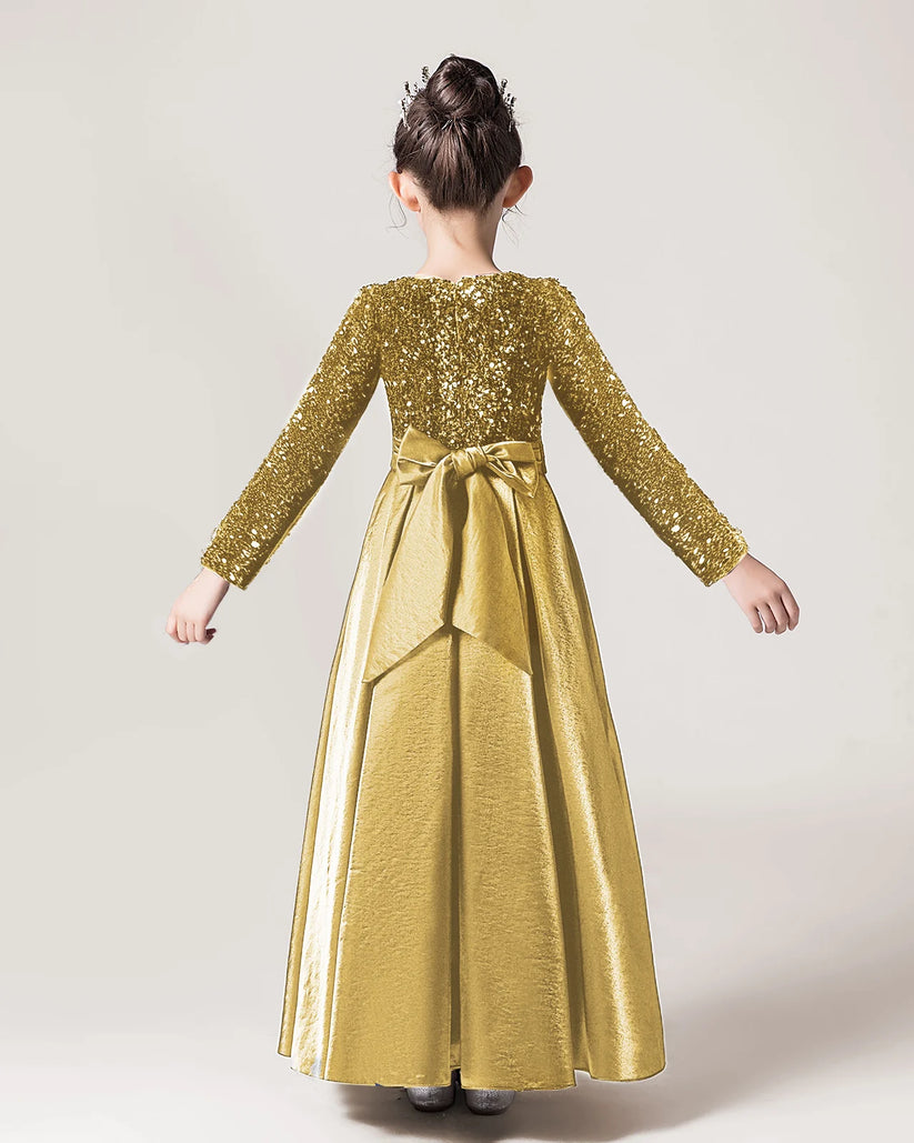Gold Sequin A-line Girls Formal Dress Back View