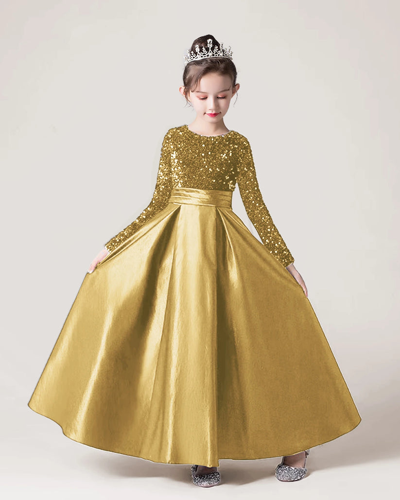 Gold Sequin A-line Girls Formal Dress Front View
