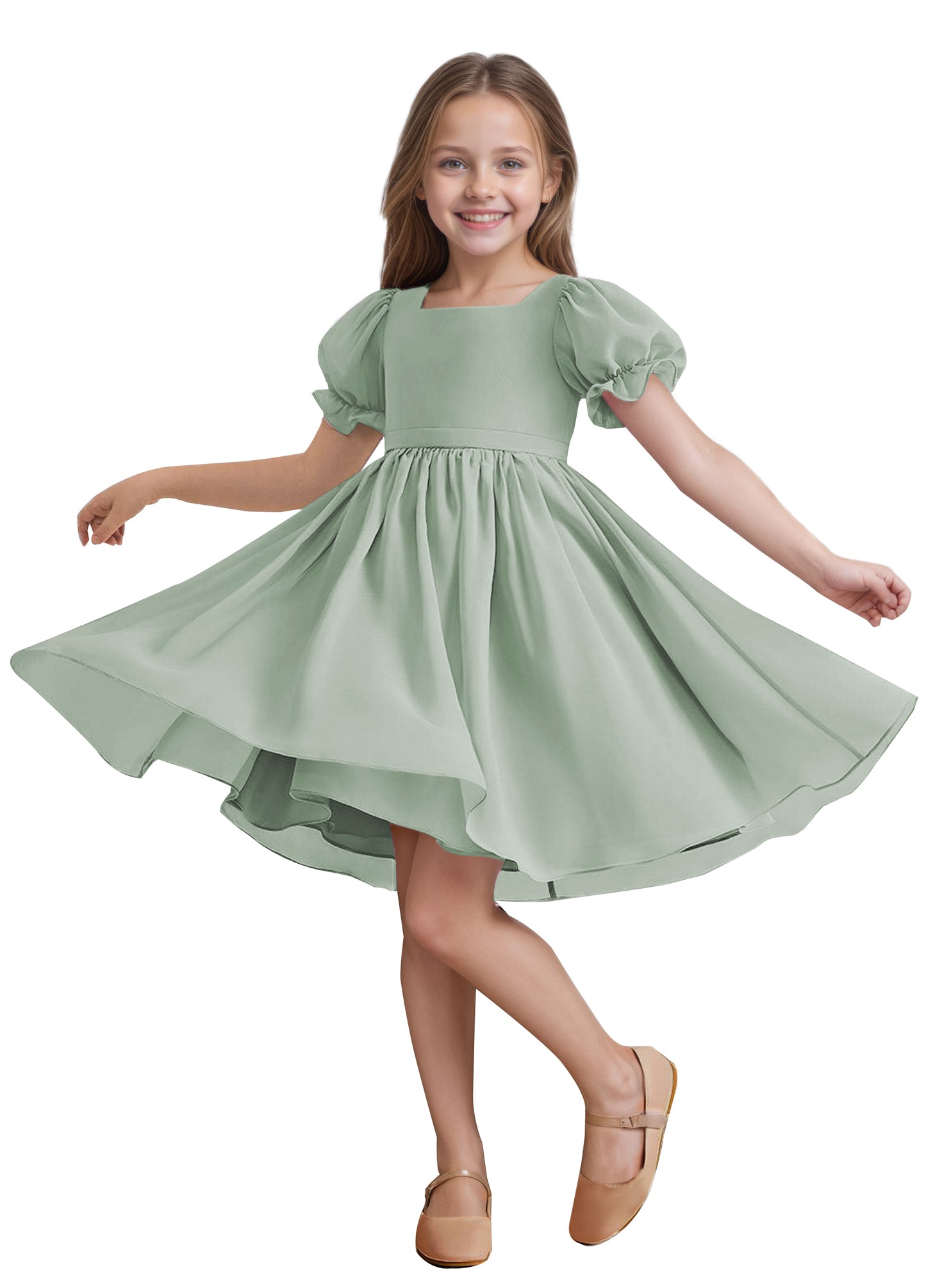 Chiffon Short Sleeves Flower Girl Dresses Knee Length Junior Bridesmaid Dresses for 4-16 650C