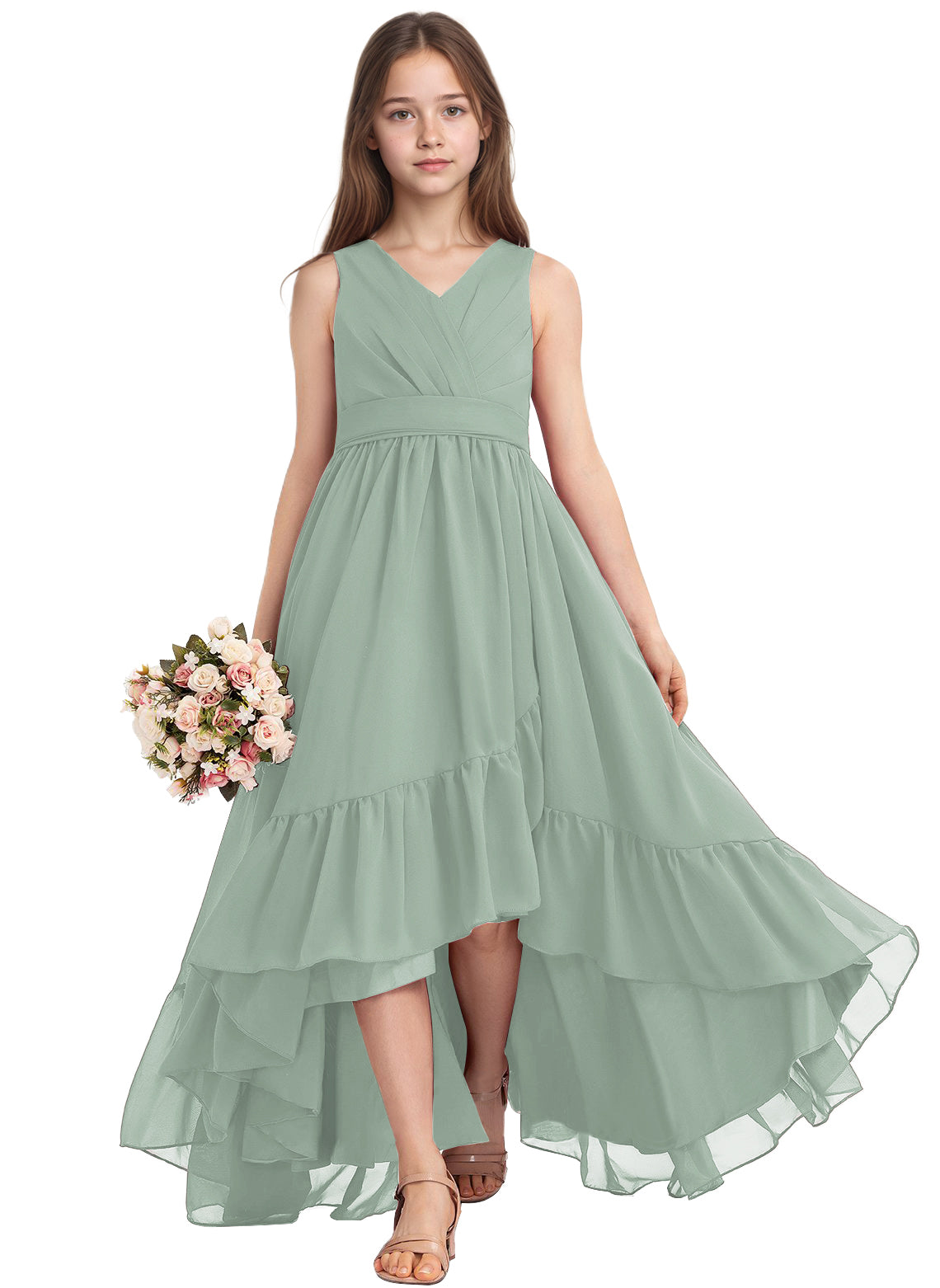 dideyttawl A-Line High Low Flower Girls Dress Long V-Neck Junior Bridesmaid Dresses for Teens Pleated Chiffon 2511