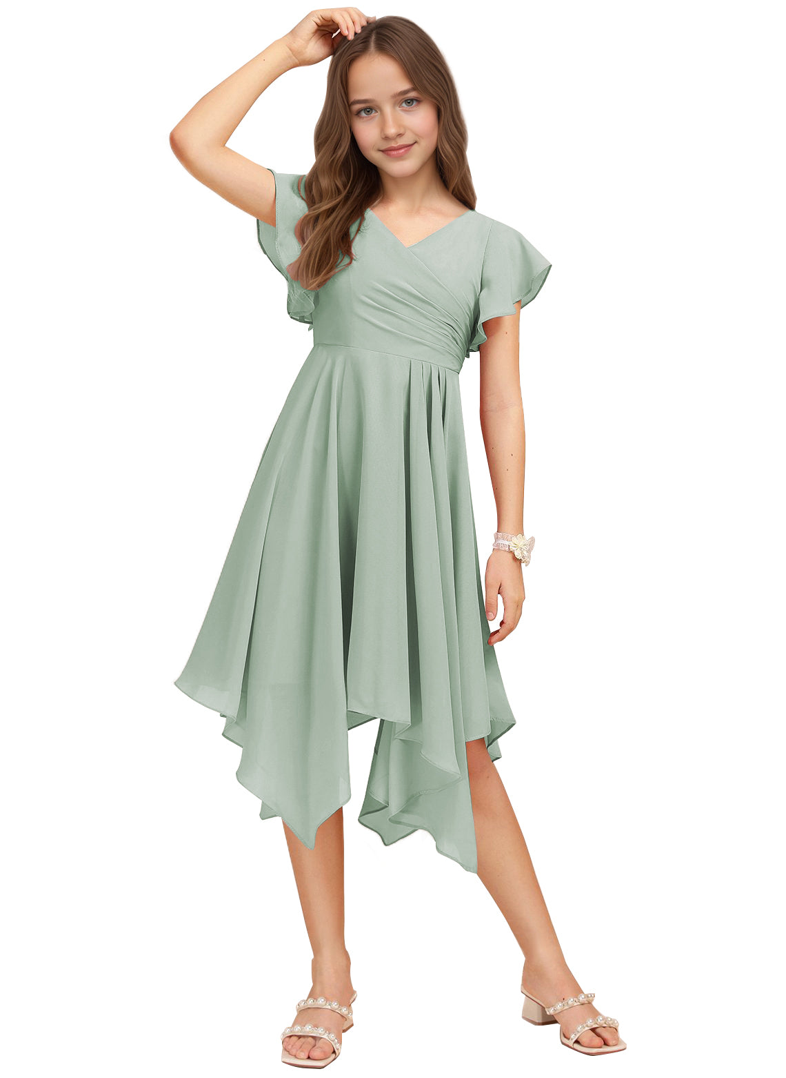 Chiffon Short Junior Bridesmaid Dresses Knee Length Flutter Sleeves Flower Girl Dresses for 4-16 2505