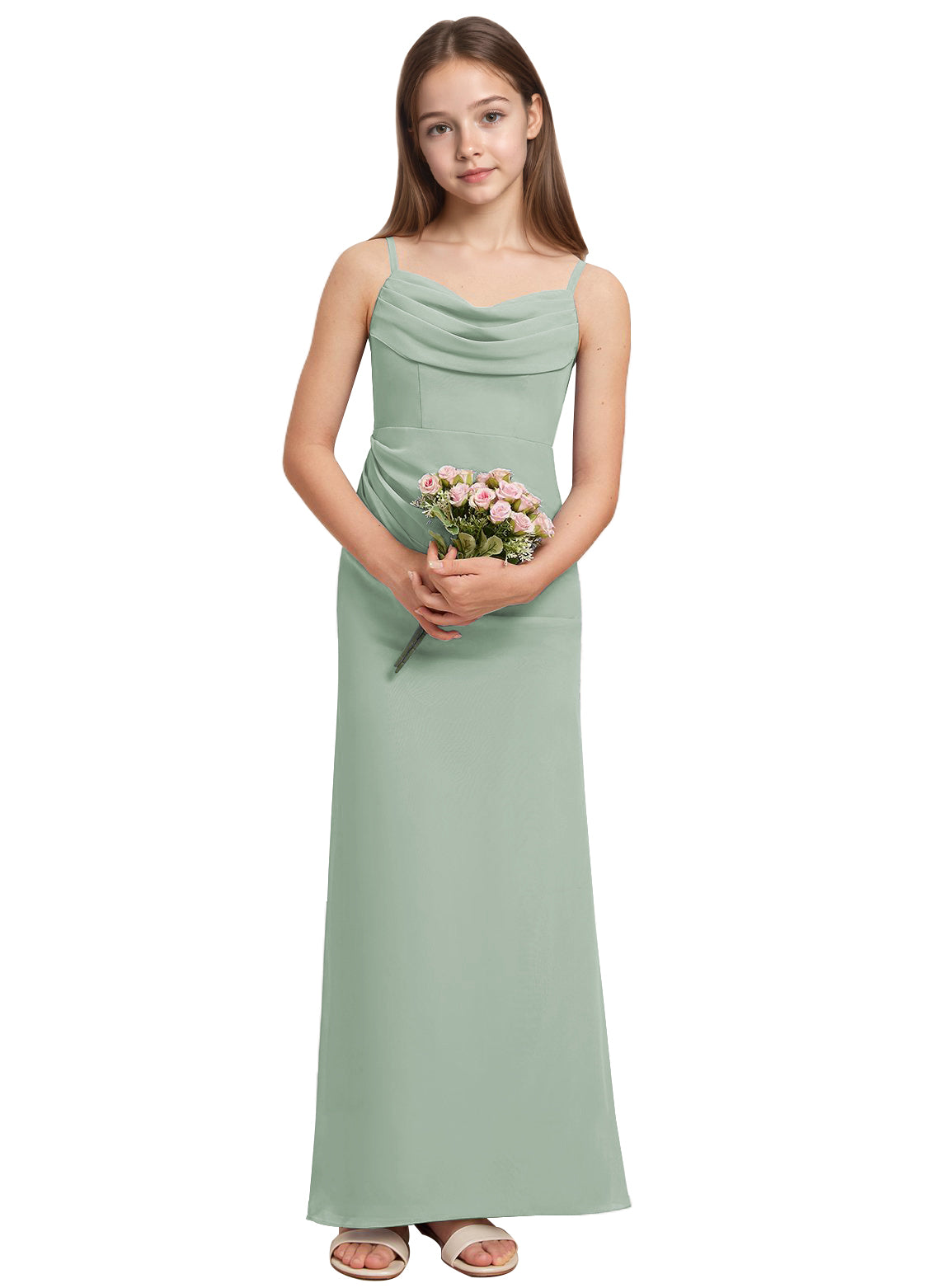 dideyttawl Long Sheathe Junior Bridesmaid Dresses for Girls Chiffon A-Line Ruched Cowl Neck Wedding Flower Girls Dress 2512