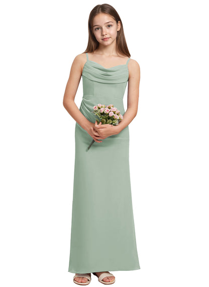 dideyttawl Long Sheathe Junior Bridesmaid Dresses for Girls Chiffon A-Line Ruched Cowl Neck Wedding Flower Girls Dress 2512