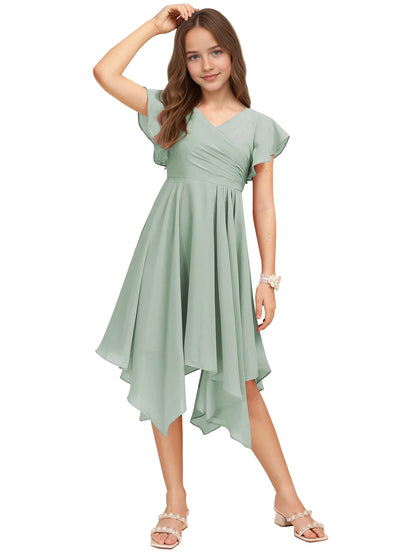 Dideyttawl Dusty Rose Junior Bridesmaid Chiffon Flutter Sleeve A-Line Dress