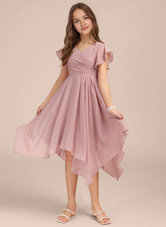 Chiffon Short Junior Bridesmaid Dresses Knee Length Flutter Sleeves Flower Girl Dresses for 4-16 2505