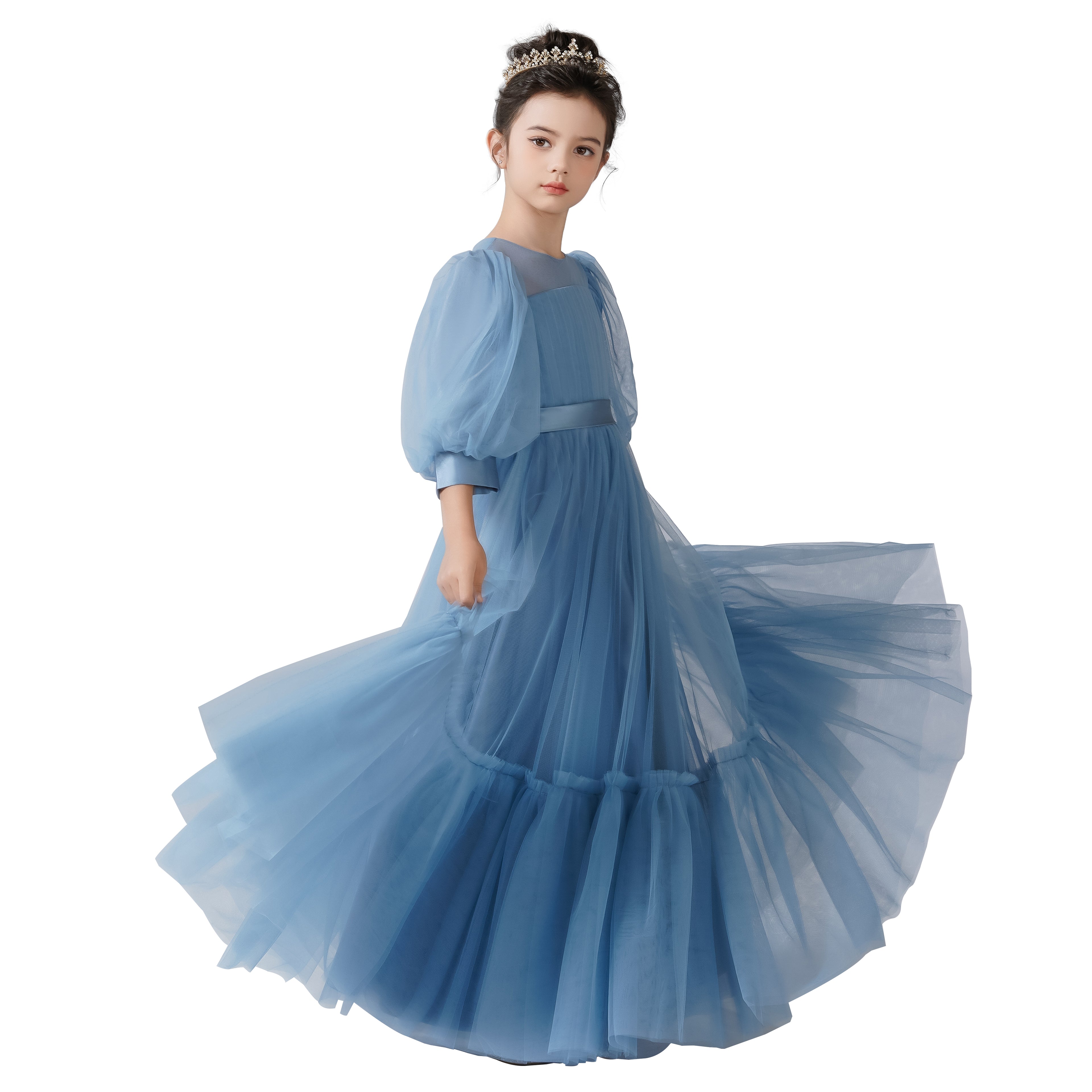 Dideyttawl Girls Dusty Blue Princess Dress Long Sleeve Tulle Ball Gown for Wedding Party