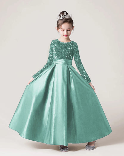 Dideyttawl Long Sleeves Sequins Flower Girls Dress Sparkling  Satin Formal Party Gown 503