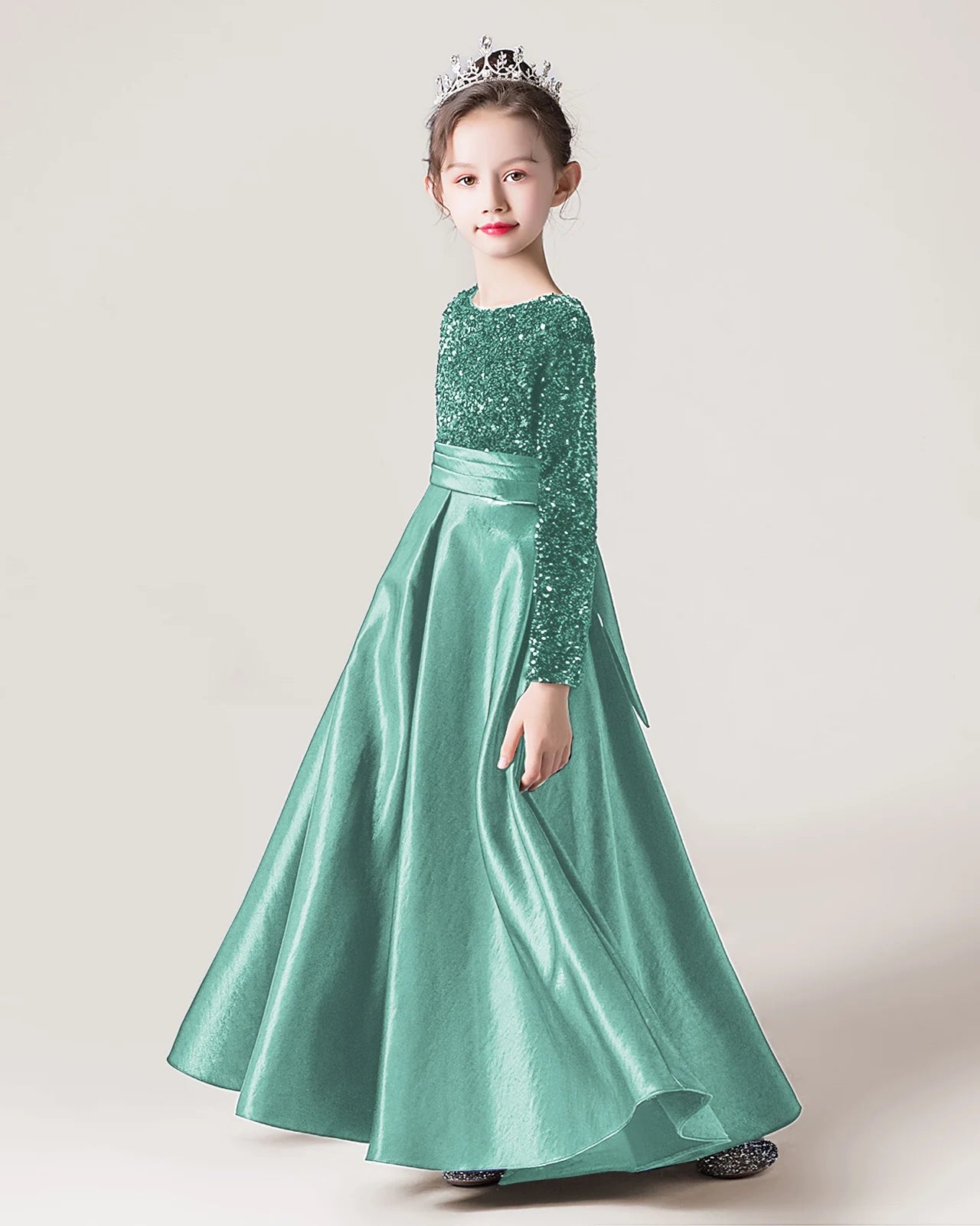 Dideyttawl Long Sleeves Sequins Flower Girls Dress Sparkling  Satin Formal Party Gown 503