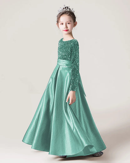 Dideyttawl Long Sleeves Sequins Flower Girls Dress Sparkling  Satin Formal Party Gown 503