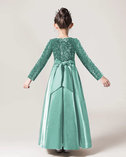 Dideyttawl Long Sleeves Sequins Flower Girls Dress Sparkling  Satin Formal Party Gown 503
