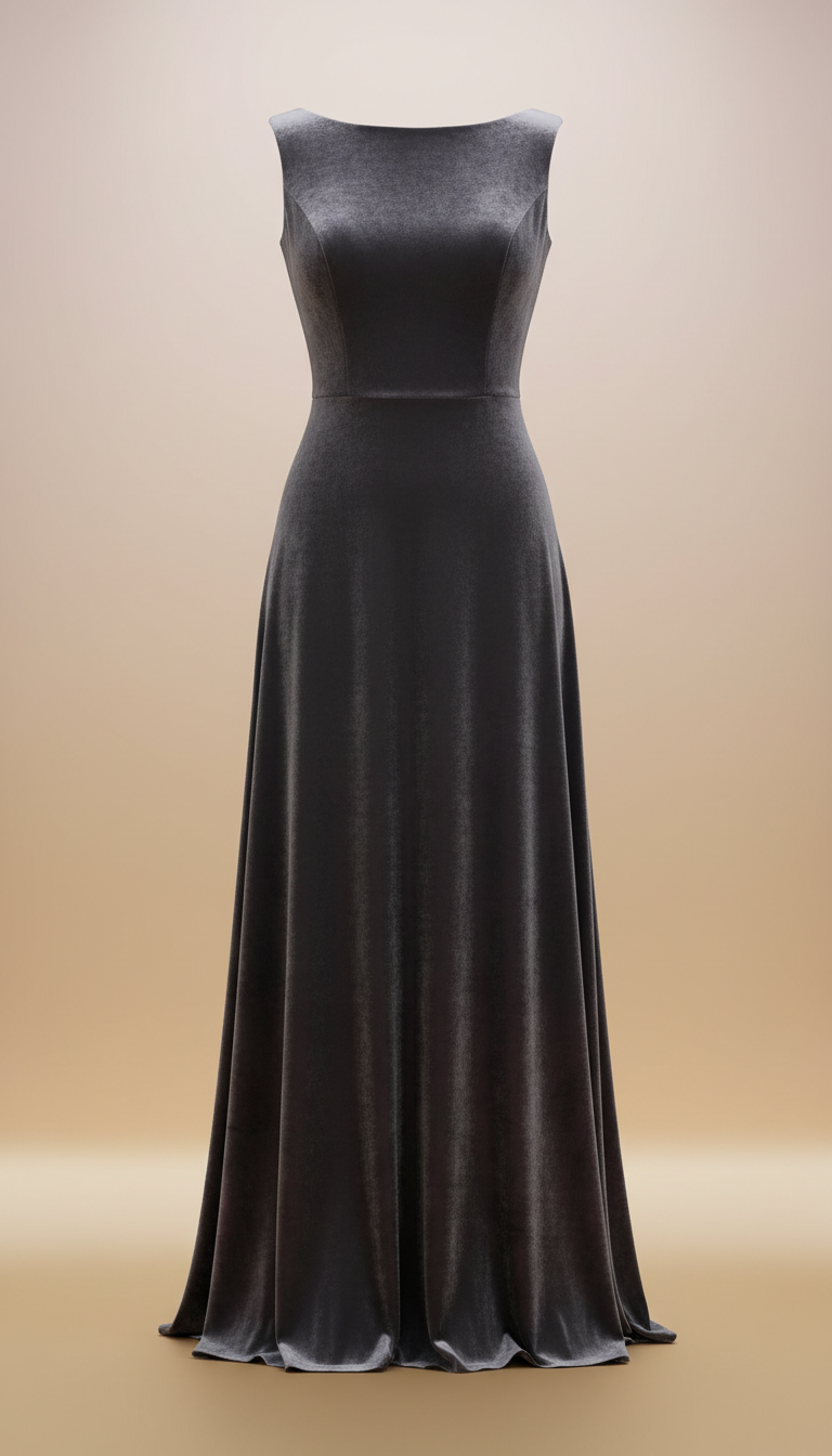 Charcoal velvet formal guest gown with bateau neckline