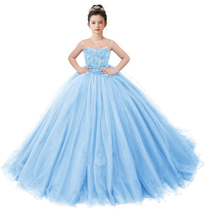 2025 Spring Embroidery Lace Appliqued Tulle Flower Girls Dress Wedding Guest Dress Puffy Princess Dress Strapless Full Length Pageant Dress