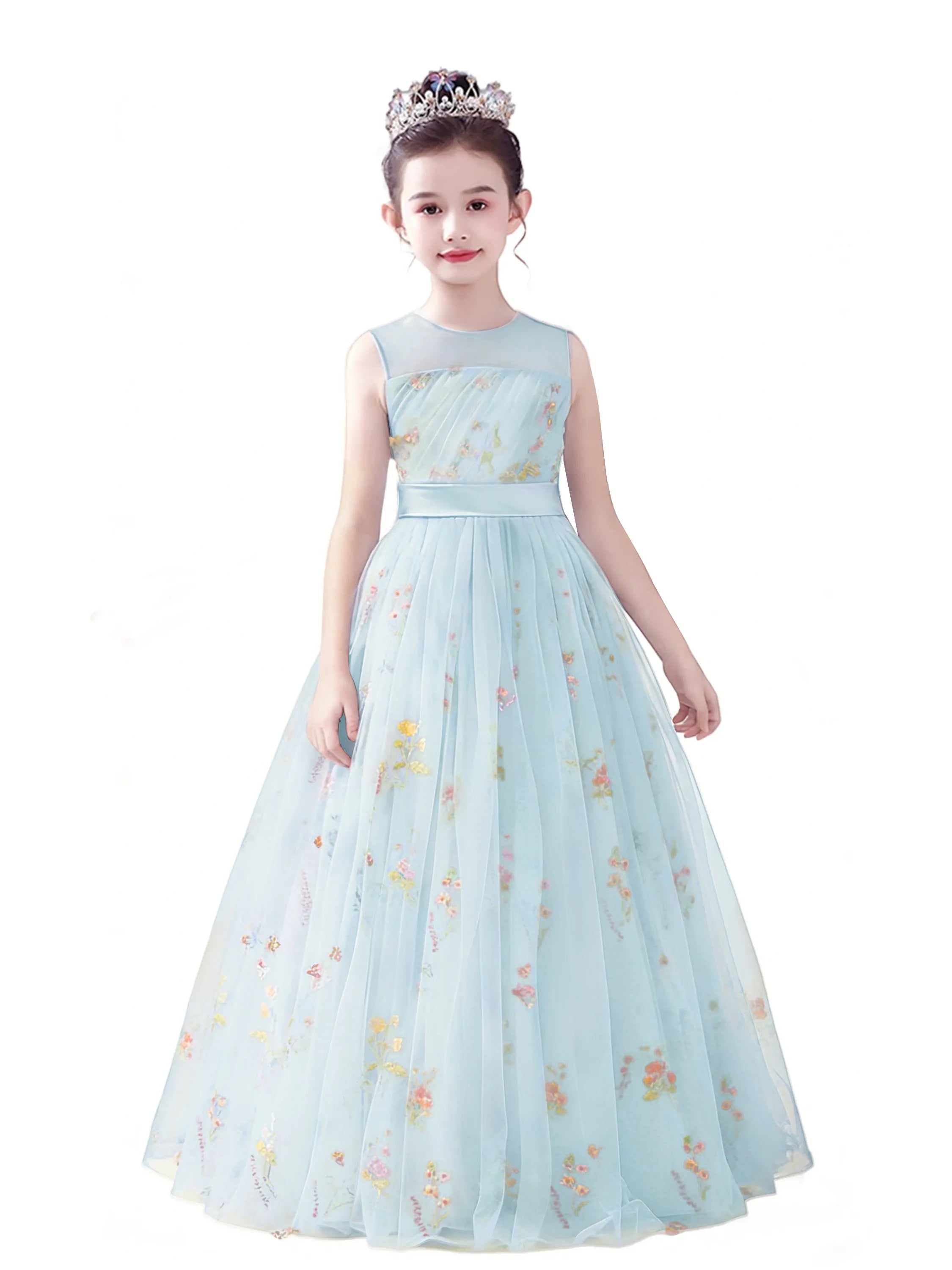 dideyttawl  Floral Tulle Girls Formal Dress Sleeveless Pageant  Prom Gown 2554