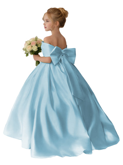 Dideyttawl Satin Flower Girl Dress A Line Off Shoulder Formal Ball Gown Bow Back
