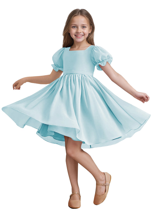 Chiffon Short Sleeves Flower Girl Dresses Knee Length Junior Bridesmaid Dresses for 4-16 650C