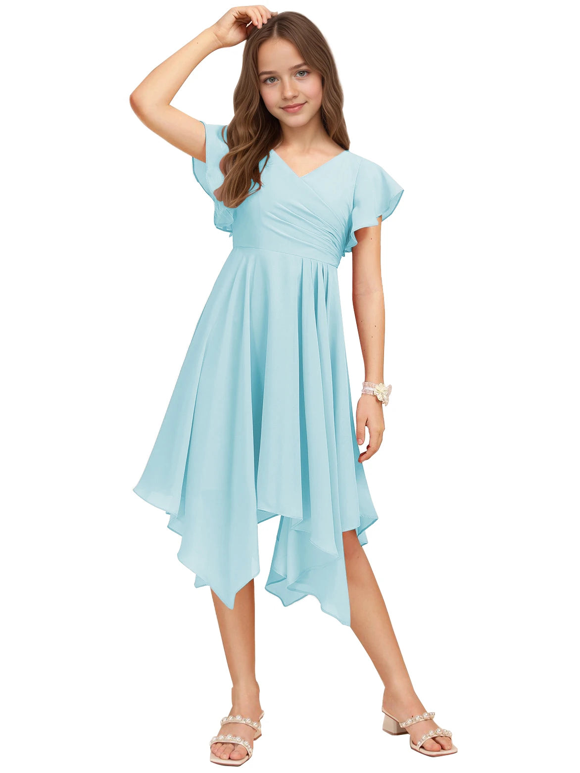 Dideyttawl Dusty Rose Junior Bridesmaid Chiffon Flutter Sleeve A-Line Dress