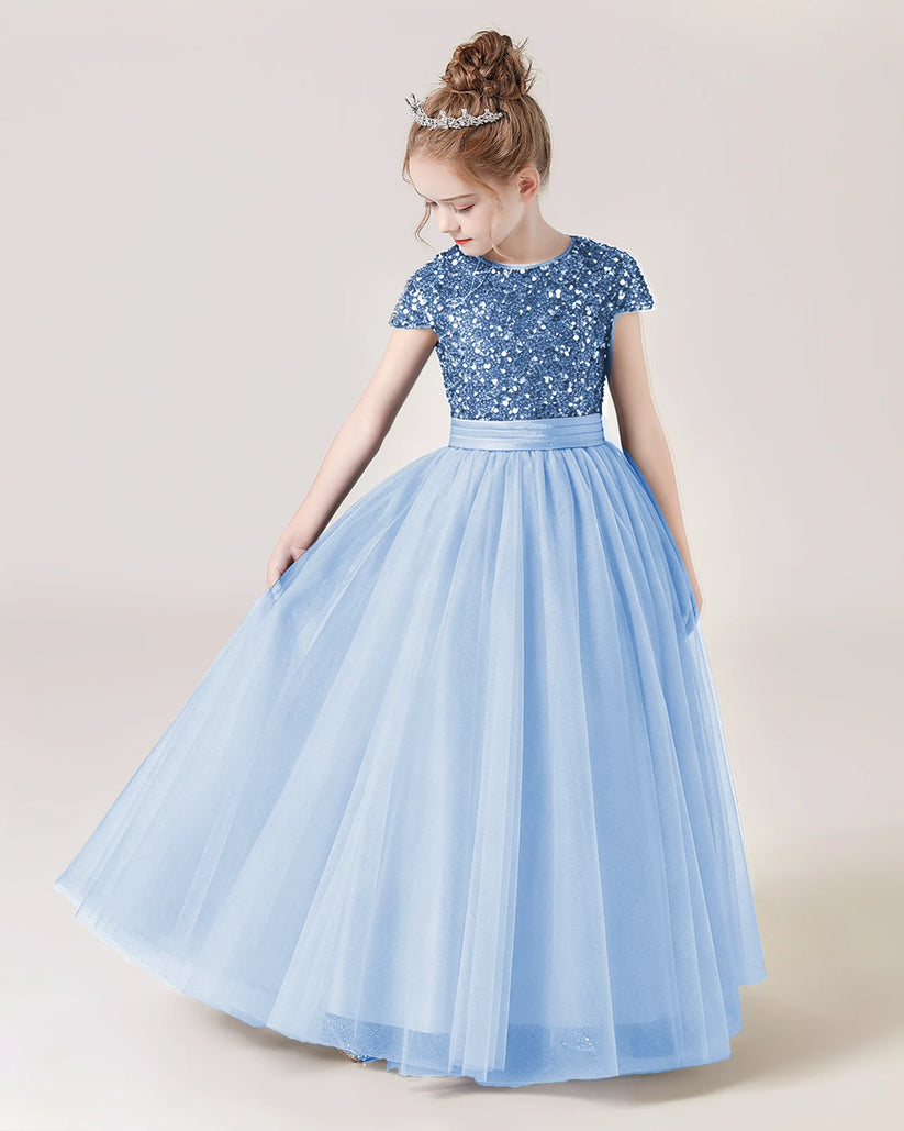 Baby Blue Tulle A-line Girls Formal Dress Front View