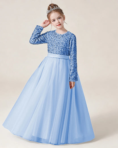 Sky Blue Front Sequin Long Sleeve Flower Girl Dress