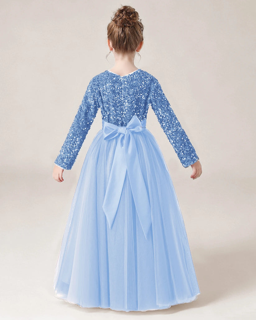  Sky Blue Sequin Tulle A-line Girls Formal Dress Back View