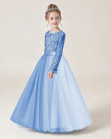  Sky Blue Sequined Tulle A-line Girls Formal Dress Side View