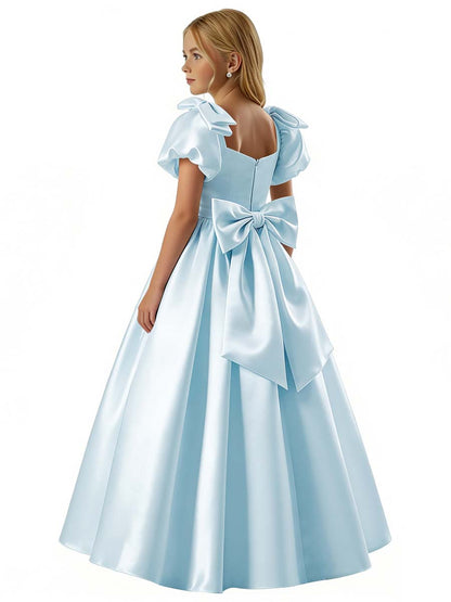 dideyttawl 2026 Satin Flower Girl Dress A Line Big Bow Long Prom Princess Ball Gown Puff Sleeves Junior Bridesmaid Dress 2773