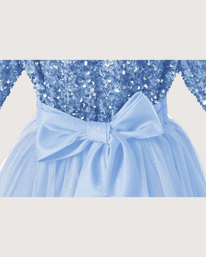 Sky Blue Details Sequin Long Sleeve Flower Girl Dress