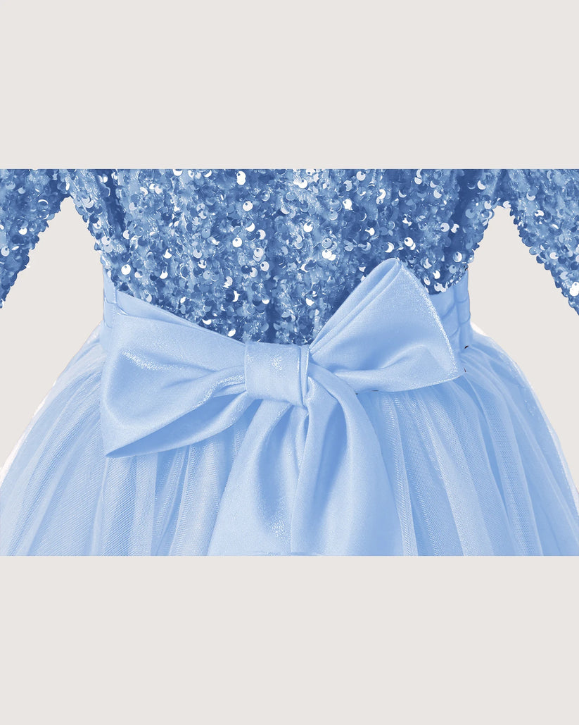  Sky Blue Sequin Tulle A-line Girls Formal Dress Back View