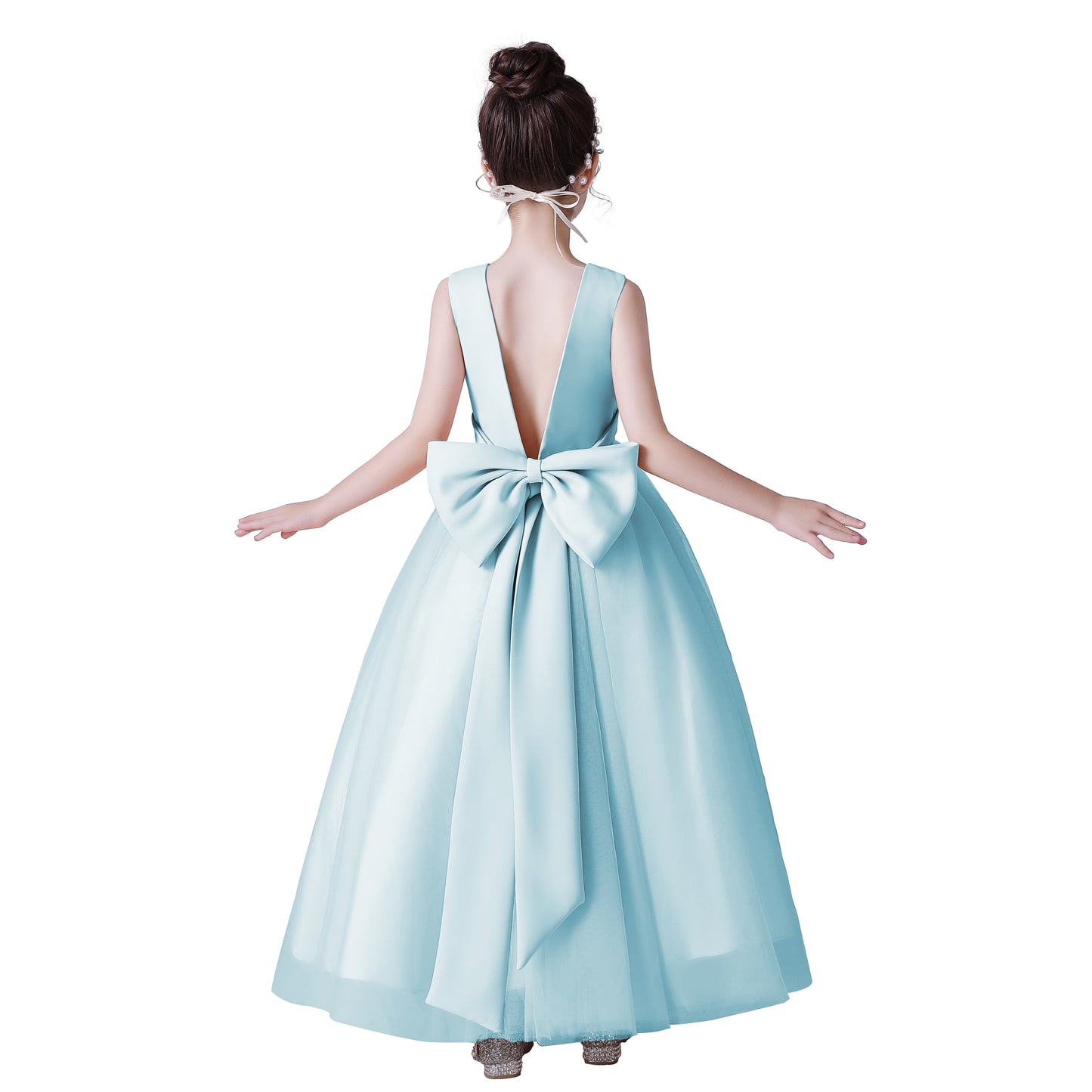 Dideyttawl Big Bow V-Back Satin Tulle Flower Girl Dress with Pearls Puffy Princess Ball Gown
