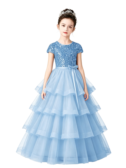 Dideyttawl Puffy Flower Girls Dress Sequins Flower Girl Dresses Sparkly Cap Sleeves Junior Bridesmaid Dress 648
