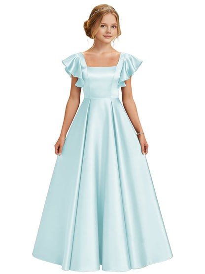 dideyttawl 2026 Girls Satin Prom Ball Gown Princess Dress Maxi Ruffle Sleeve Junior Bridesmaid Flower Girl Dresses 2546