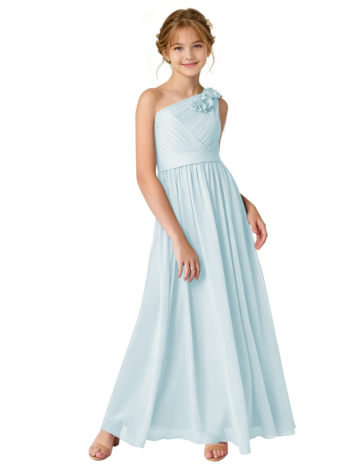 dideyttawl One Shoulder Pleated Junior Bridesmaid Dresses for Wedding A-Line Chiffon 3D Flower Girls Formal Party Dress 2604