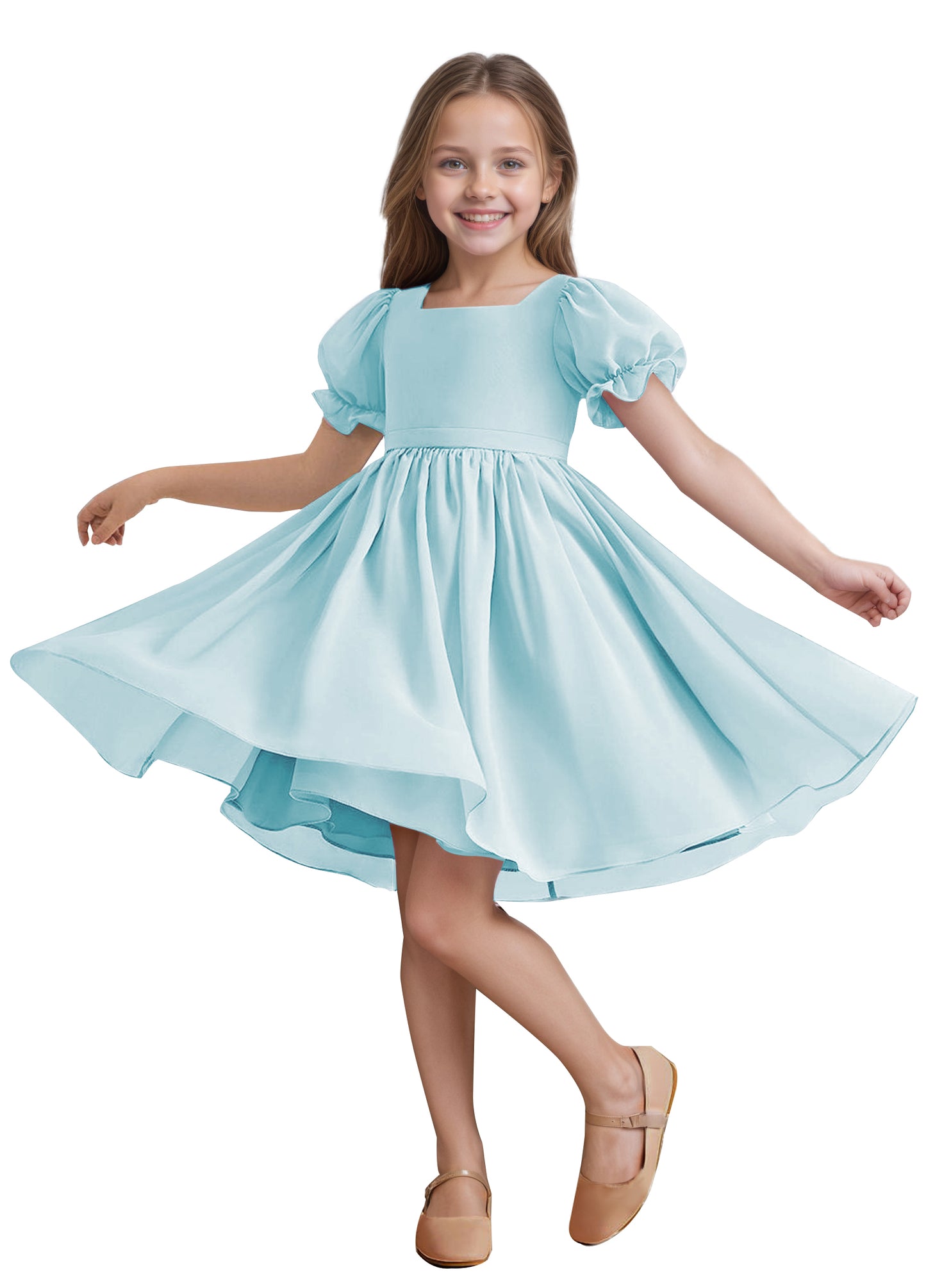 Chiffon Short Sleeves Flower Girl Dresses Knee Length Junior Bridesmaid Dresses for 4-16 650C