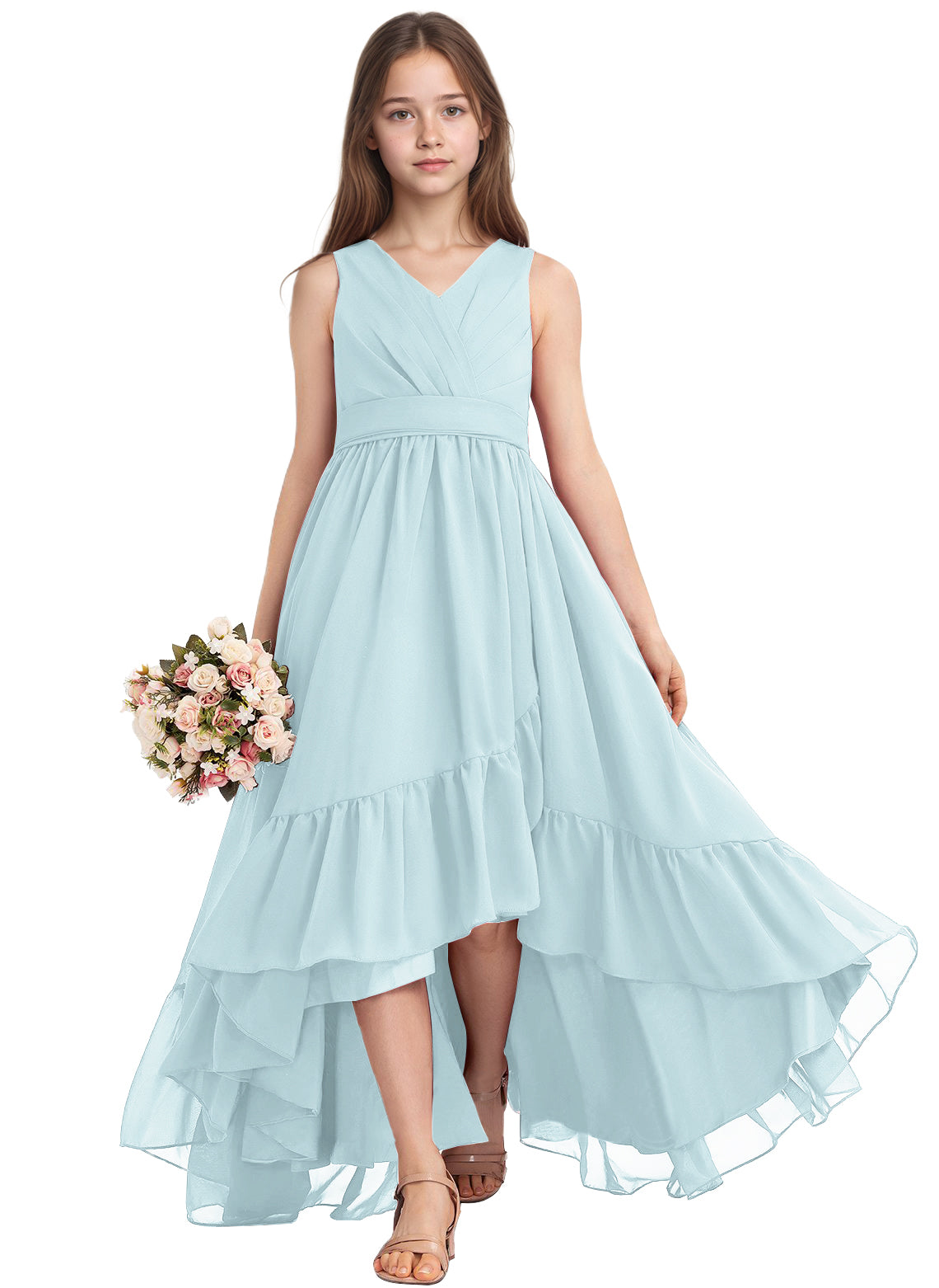 dideyttawl A-Line High Low Flower Girls Dress Long V-Neck Junior Bridesmaid Dresses for Teens Pleated Chiffon 2511