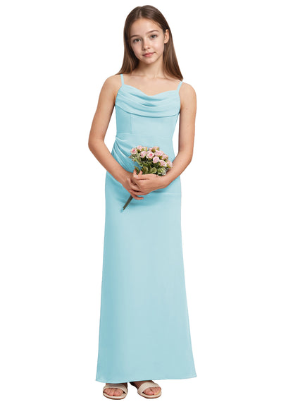 dideyttawl Long Sheathe Junior Bridesmaid Dresses for Girls Chiffon A-Line Ruched Cowl Neck Wedding Flower Girls Dress 2512