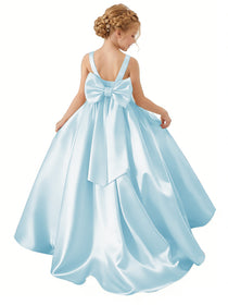 Dideyttawl Big Bow Satin Flower Girl Dress for Wedding A-Line Princess Pageant Ball Gown Formal Party