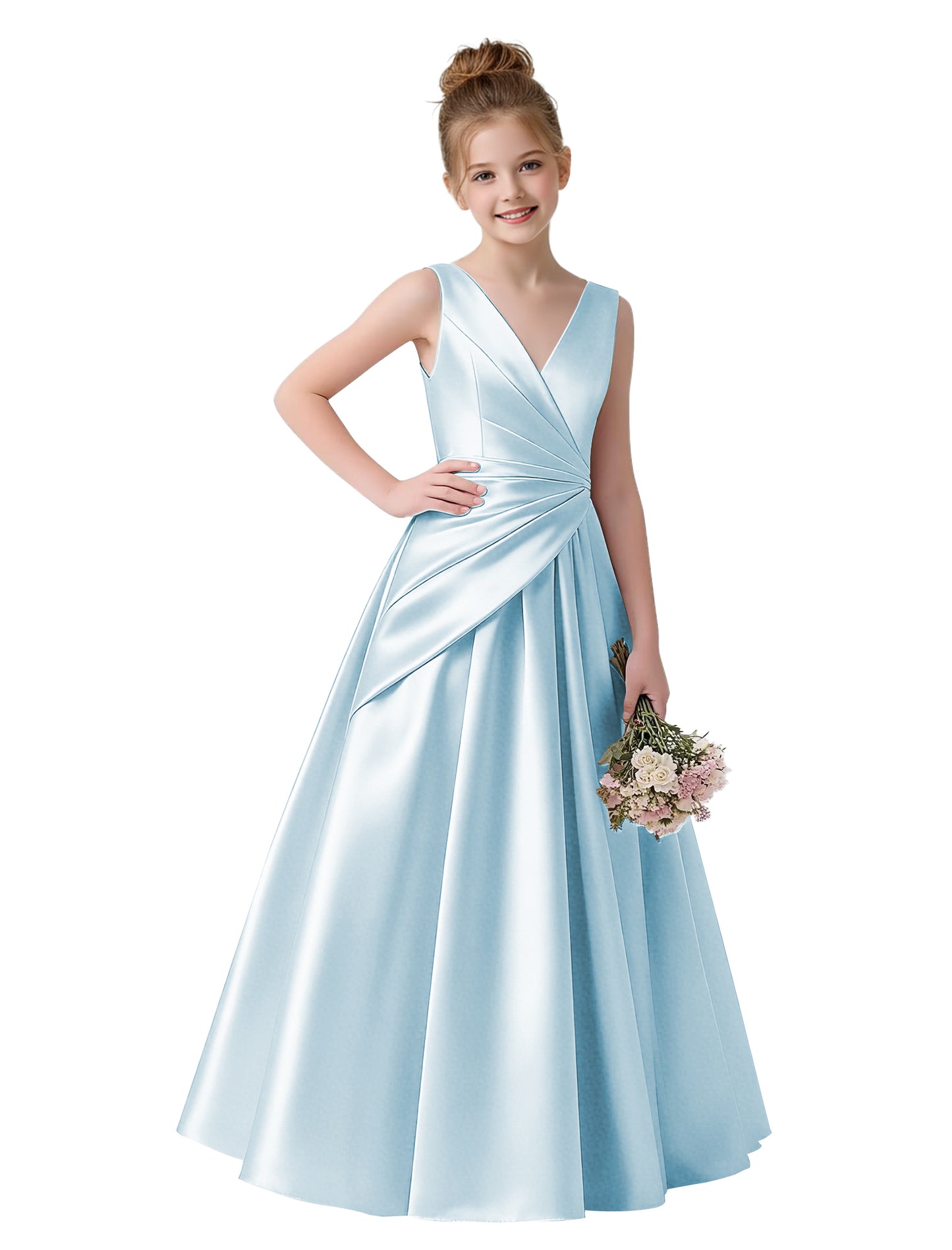 dideyttawl 2026 Pleated Satin Flower Girl Dress Junior Bridesmaid Dress Sleeveless A Line V-Neck Prom Ball Gown 2786