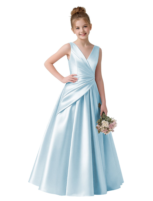 dideyttawl 2026 Pleated Satin Flower Girl Dress Junior Bridesmaid Dress Sleeveless A Line V-Neck Prom Ball Gown 2786