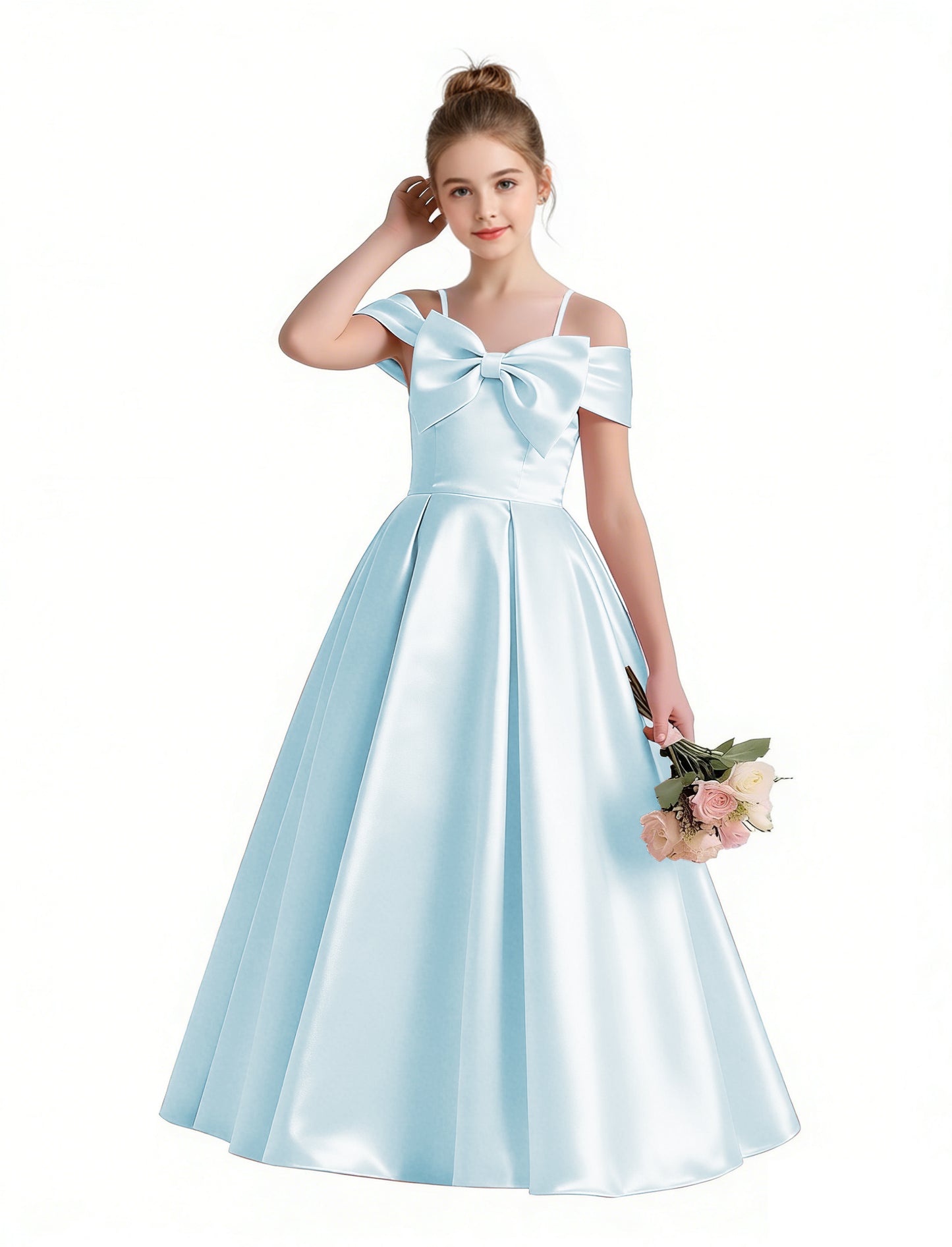 dideyttawl 2026 Off Shoulder Flower Girl Dress Big Bow Junior Bridesmaid Dress A-Line Sleeveless Prom Ball Gown 2790
