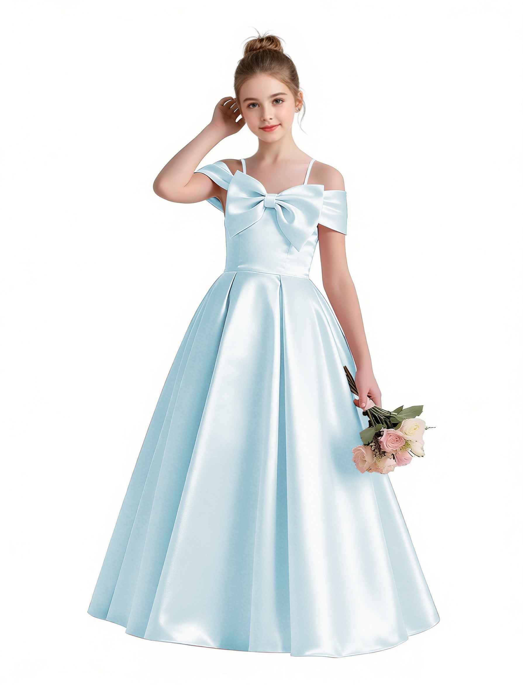Dideyttawl White Girls Formal Dress Off-the-Shoulder Satin Ball Gown