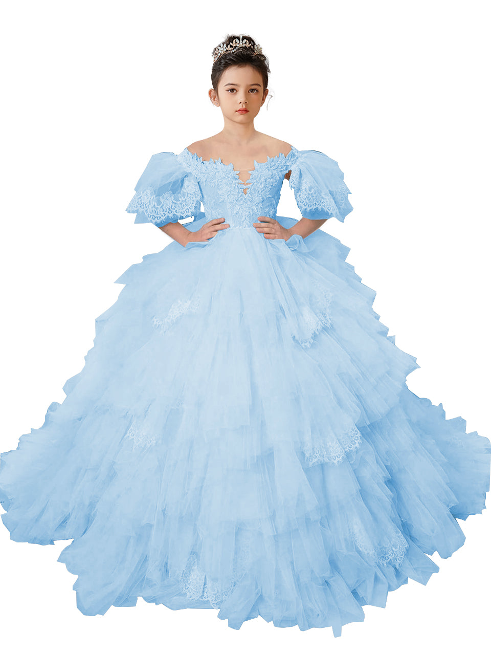 Flower Girl Dresses Lace Appliqued Puffy Sleeves Floor Length Long Train Princess Dresses