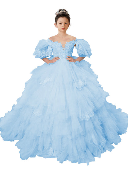 Flower Girl Dresses Lace Appliqued Puffy Sleeves Floor Length Long Train Princess Dresses