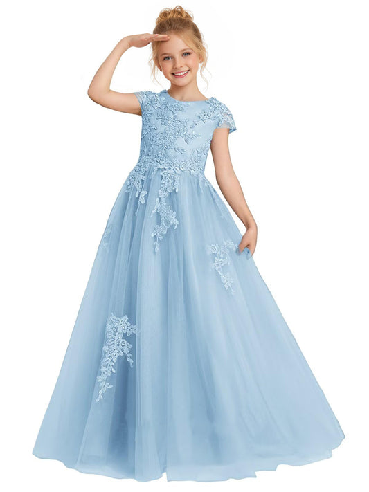 dideyttawl 2026 Flower Girl Dress Lace Applique Junior Bridesmaid Dress Puffy Tulle Cap Sleeves Satin A Line Princess Ball Gown 2776