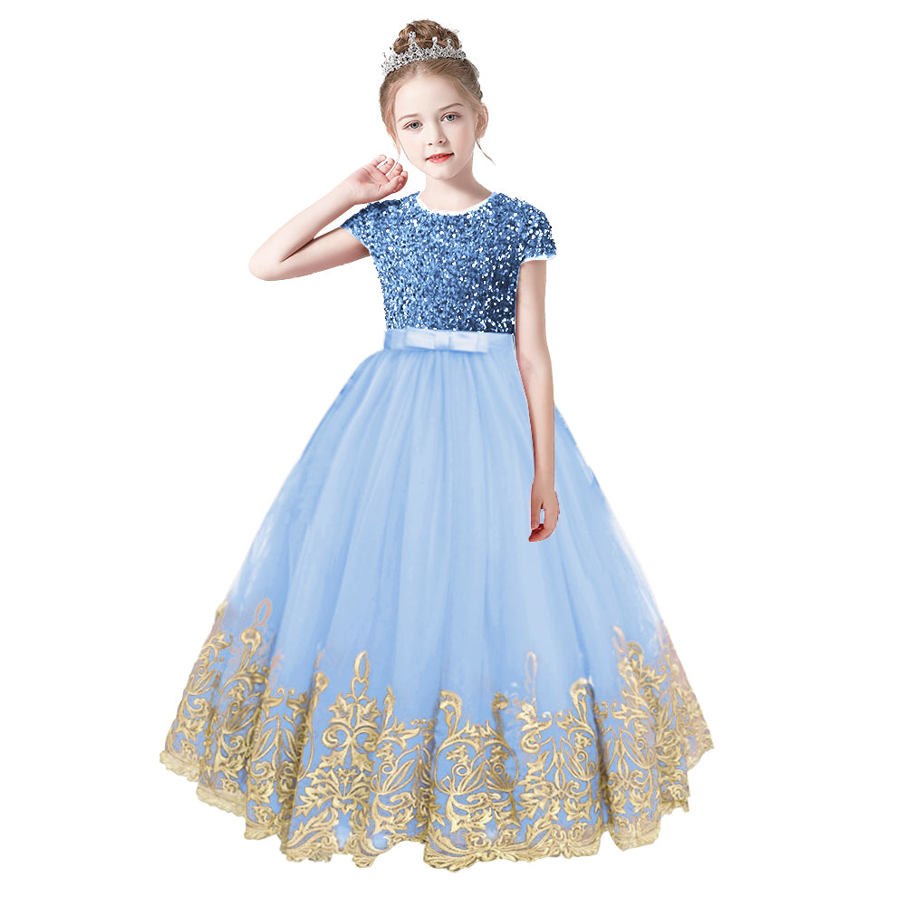 Flower Girls Dress Gold Embroidery Appliqued Puff Tulle Short Sleeves Sequins Party Dress
