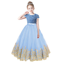 Dideyttawl Pageant Dress Gold Embroidery Appliqued Puff Tulle Short Sleeves Sequins Party Dress