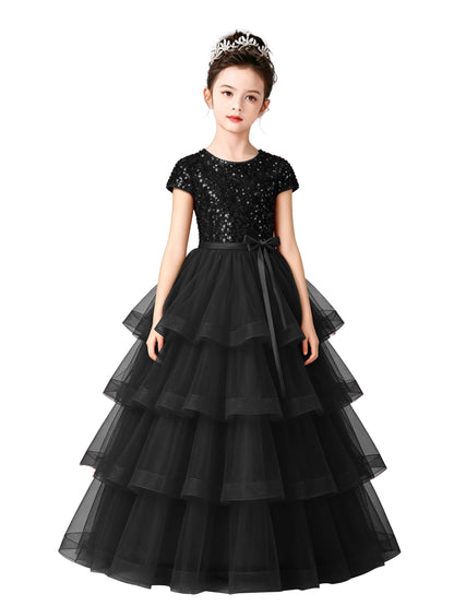 Dideyttawl Puffy Flower Girls Dress Sequins Flower Girl Dresses Sparkly Cap Sleeves Junior Bridesmaid Dress 648