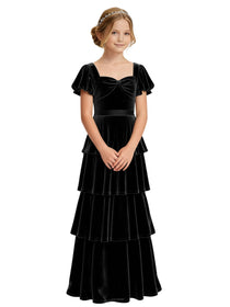 Dideyttawl Burgundy Velvet Girls Formal Dress Puff Sleeve Tiered Ruffle Formal Dress