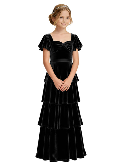 Dideyttawl Burgundy Velvet Junior Bridesmaid Dress Puff Sleeve Tiered Ruffle Formal Dress