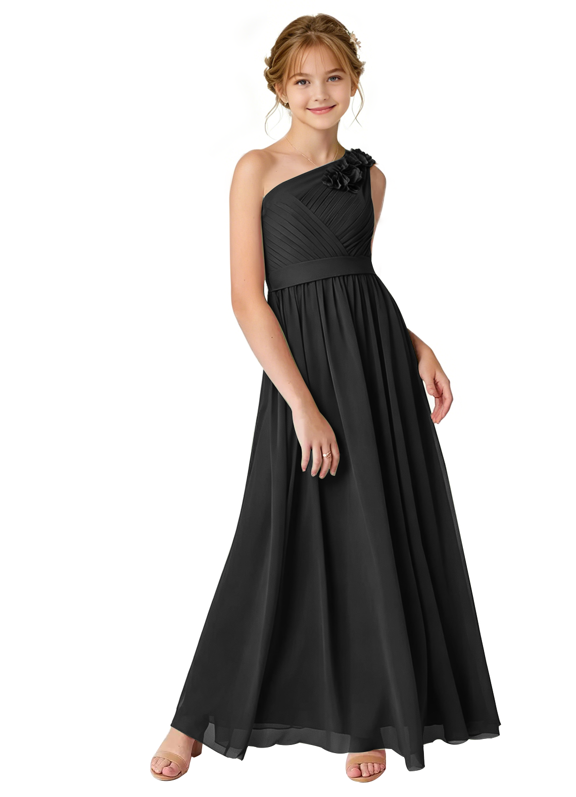 dideyttawl One Shoulder Pleated Junior Bridesmaid Dresses for Wedding A-Line Chiffon 3D Flower Girls Formal Party Dress 2604